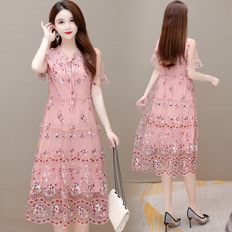 Embroidered Ocean Dress Women 2022 New Foreign Pie Minus age loose Belly High-end Pink Overknee Mesh Yarn A dresses Summer