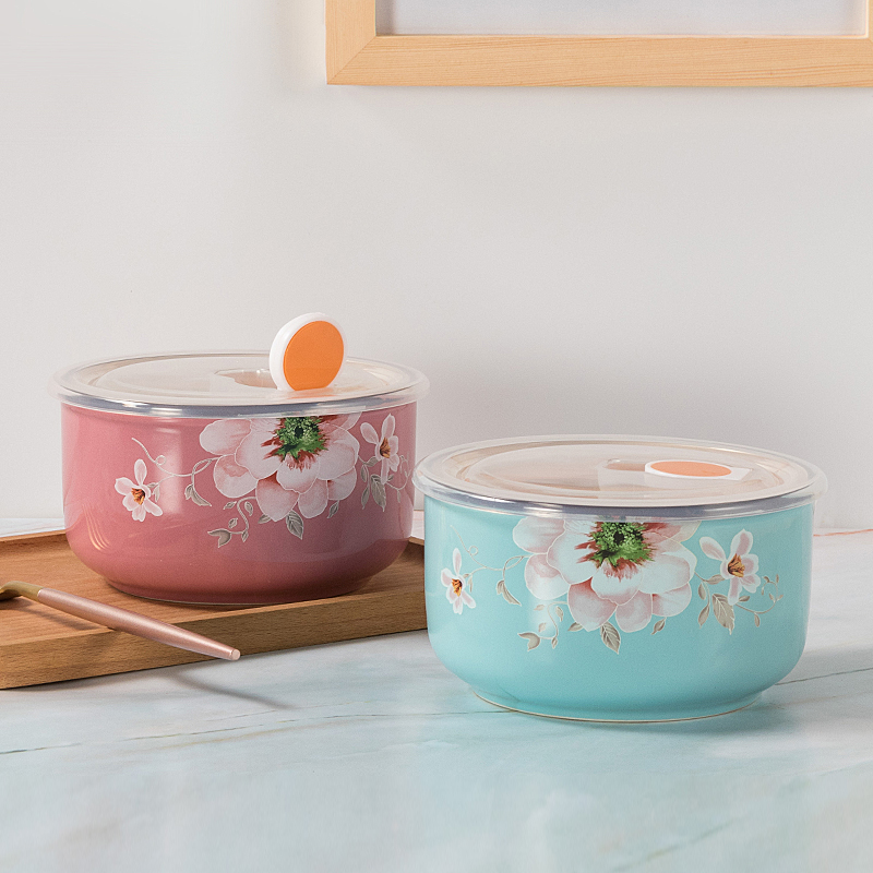 Ceramic refreshing bowl with lid sealed lunch box Lunch Box Dorm Bowl Cutlery Cutlery Domestic Rice Bowls microwave Application