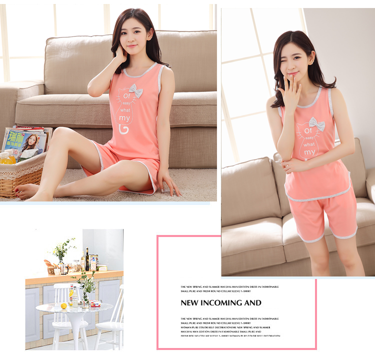 Bộ đồ ngủ nữ cotton mùa hè không tay vest mùa hè học sinh phiên bản Hàn Quốc của bộ phận mỏng tay ngắn dịch vụ tại nhà kích thước lớn phù hợp với áo hai dây nữ pijama đôi