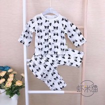 Shrimp Rice Cat Crumbled Double Layer Pure Cotton Cotton Fabric Home Conserved Baby Long Sleeve Long Pants Suit pro-skin soft and breathable