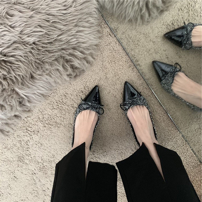 Impulsive ~ ITSK shoes women's single shoe pointed shallow mouth butterfly knot soft bottom black commuter bean-bean shoes ladyshoe