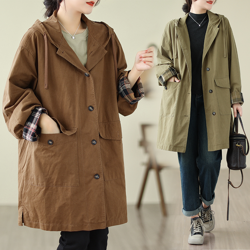 Retro long style overalls coat jacket woman fall fat mm loose big code casual ocean gas mom even hat big coat