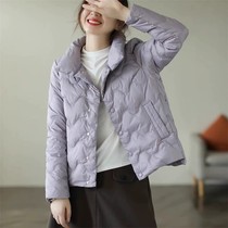 Thin down cotton coat for women in winter large size loose pleated stand collar thickened cotton coat casual solid color warm short coat
