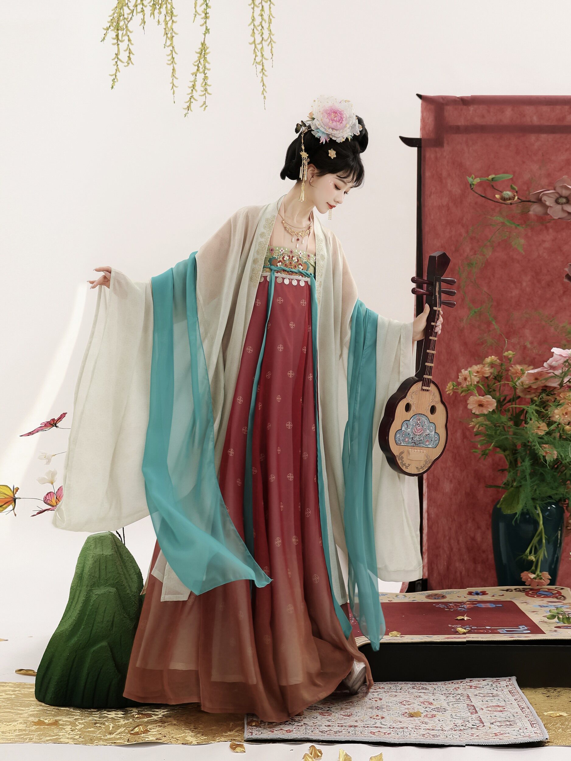 Китайцы одежда наборы 风来榕下原创繁花夜宴唐制汉服女复原齐胸破裙对襟上衣大袖衫刺绣