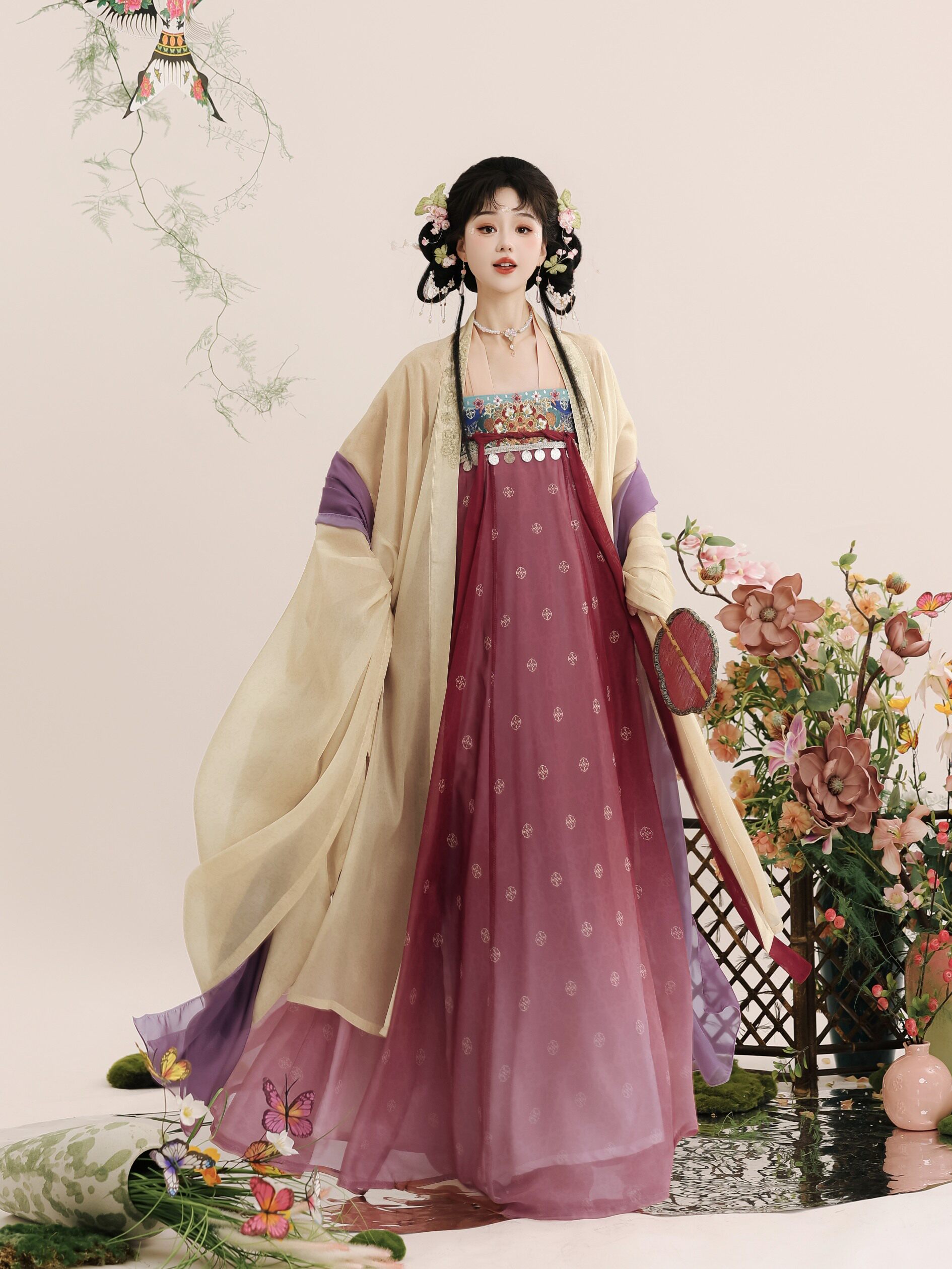 Китайцы одежда наборы 风来榕下原创繁花夜宴唐制汉服女复原齐胸破裙对襟上衣大袖衫刺绣