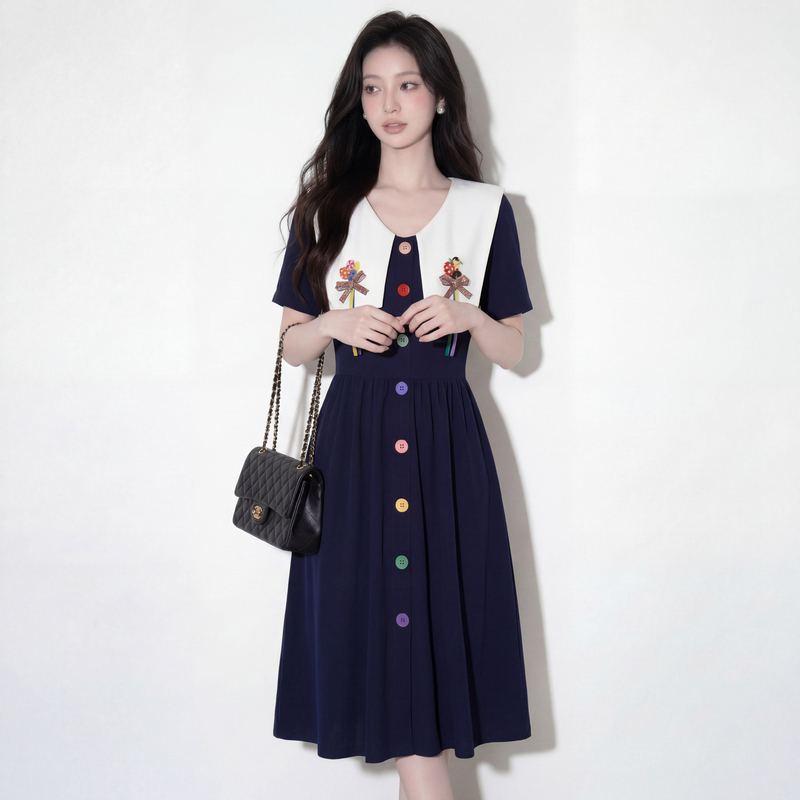 Luxury Plus-Size Women's Clothing, Preppy Style, Navy Collar, Colorful Button Dress, Summer Slimming Mid-Length Dress for Plus-Size Women, Covers the Belly