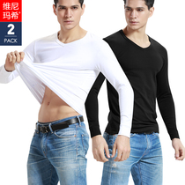 2 PCs mens underwear single piece trend V collar autumn clothes cotton thin warm top tight long sleeve base shirt