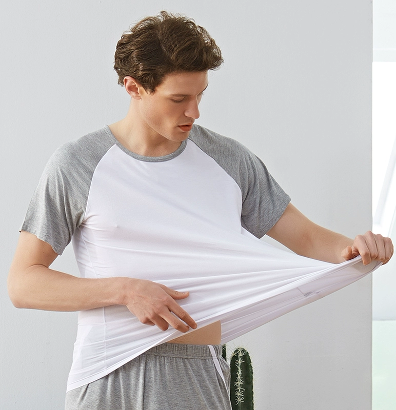 Của nam giới đồ ngủ mùa hè nhân tạo cotton ngắn tay áo sơ mi băng lụa phần mỏng lỏng kích thước lớn cotton lụa mảnh duy nhất nhà t-shirt những kiểu đồ bộ đẹp