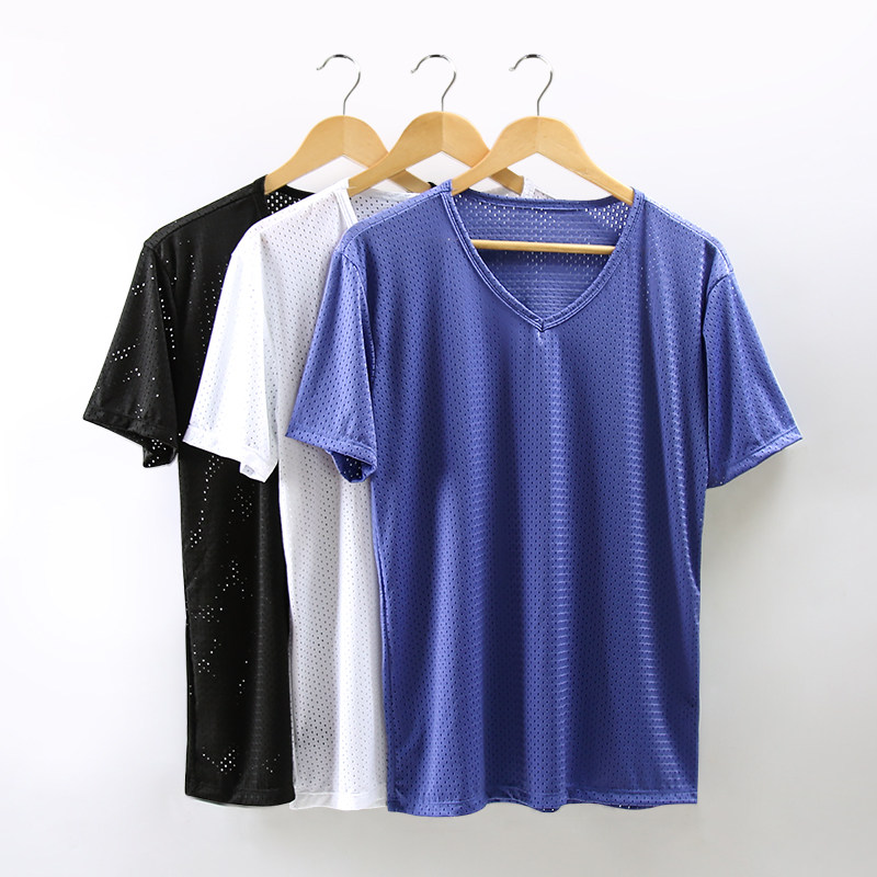 Men sweatshirt thin mesh movement T-shirt short sleeve breathable suction sweater hollowed-out speed dry ice silk male loose old man shirt