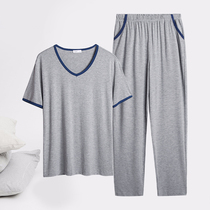 Mens Sleepwear Summer Short Sleeves Long Pants Ice Silk Teenagers Fashion Casual Thin Modale V Collar Home Suit Suit