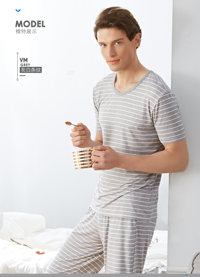 Bộ đồ ngủ nam mùa hè tay ngắn băng lụa mỏng bộ đồ ngủ cotton bông đơn hàng đầu mảnh lụa bông nhà dịch vụ áo thun nhà ngọn bộ đồ thể thao nam