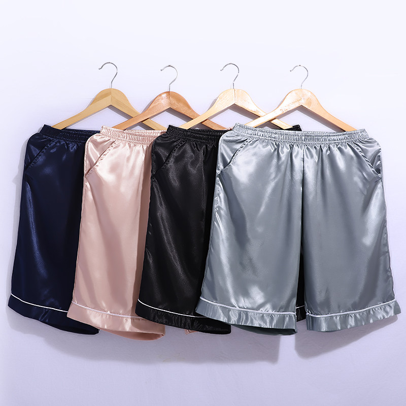 Men's pajama pants home shorts summer ice silk thin five-point home pants loose big size silk big pants shorts