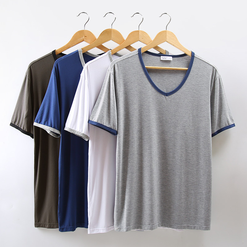 Pajamas men's single-piece top short-sleeved summer ice silk thin section modal youth casual men's V-neck T-shirt home service