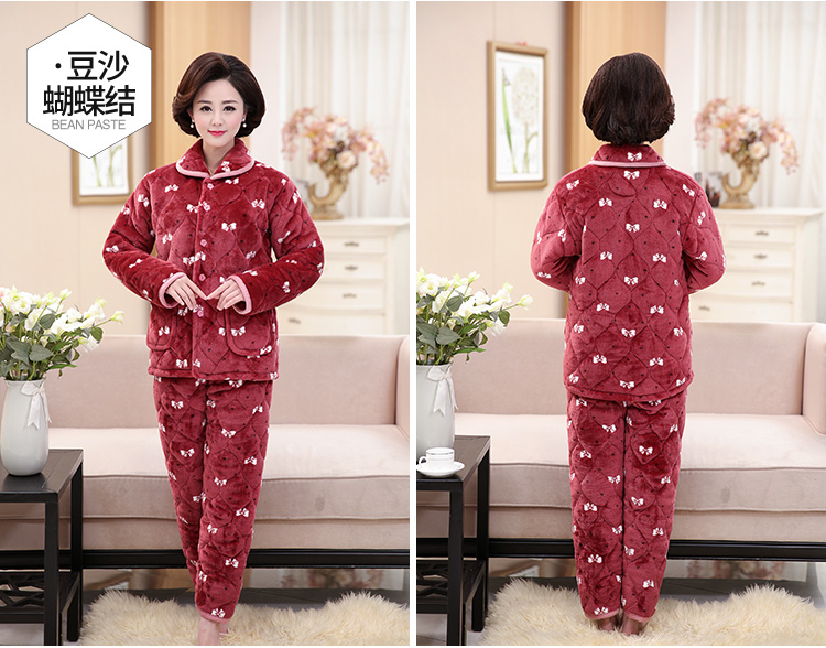 Mùa đông trung niên mẹ già mặc đồ ngủ dày ba lớp pijama đôi