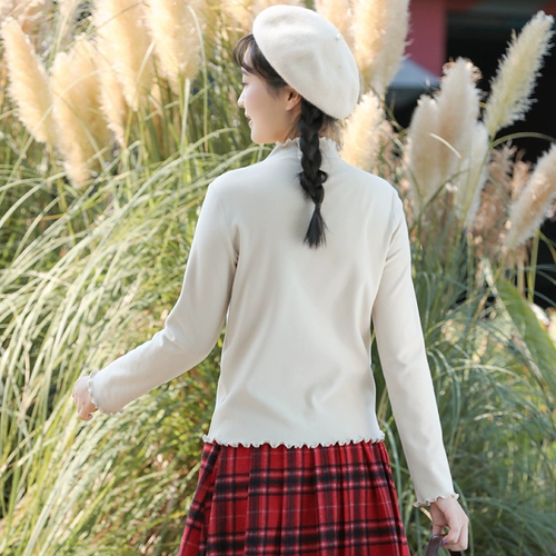 Демисезонный базовый приятный телу пуховик для школьников, бархатный лонгслив, высокий воротник, облегающий крой, для средней школы, по фигуре