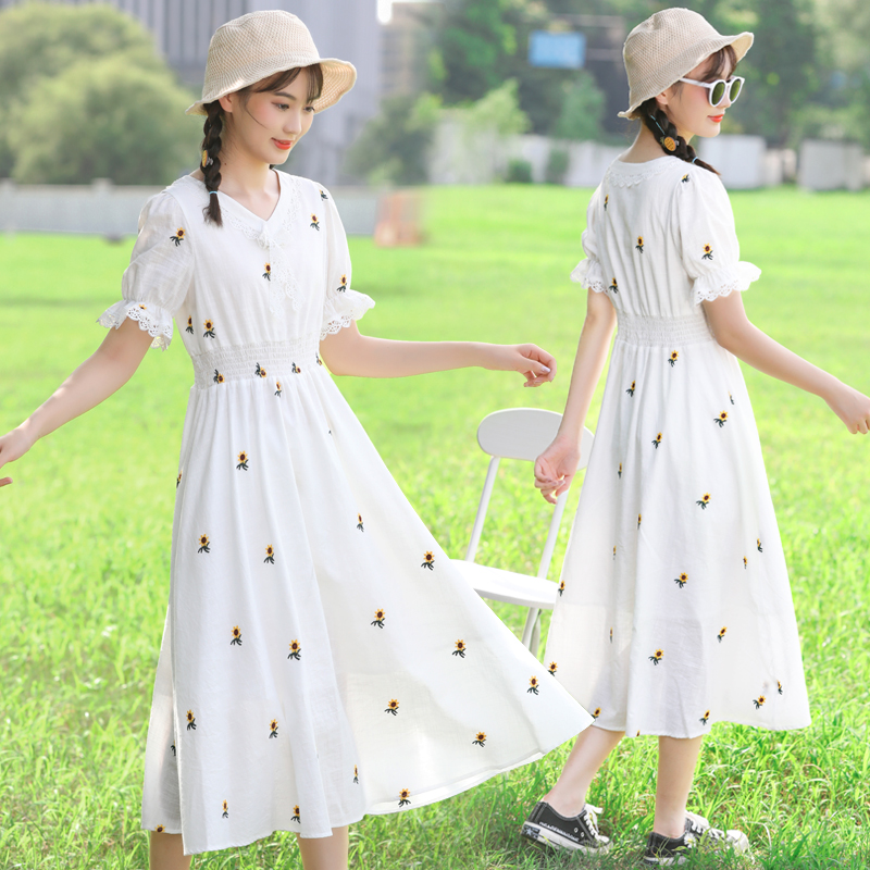 Teenage Girl Ocean Dress Summer Long Version Overknee High School Junior High School Student Skirt 12 Year 15 Girl Little Fresher White Long Dress