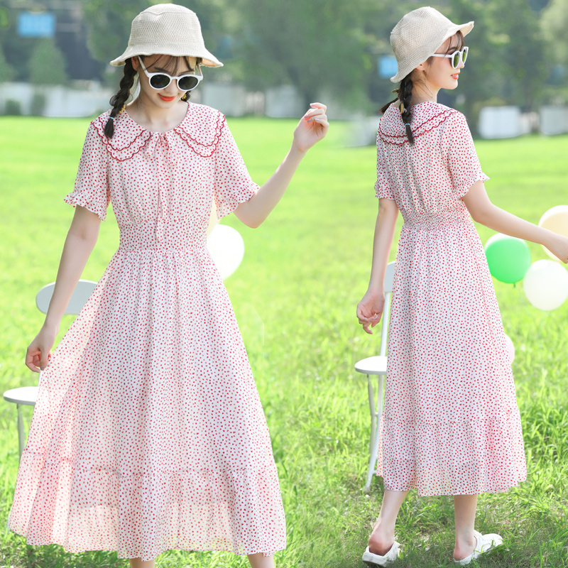 Girls dress long version over the knee small fresh high school junior high school students summer dress sweet doll collar chiffon long skirt