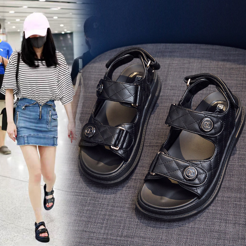 Leather sandals women's 2021 new summer all-match thick-soled platform shoes ins net red small fragrance flat women's shoes