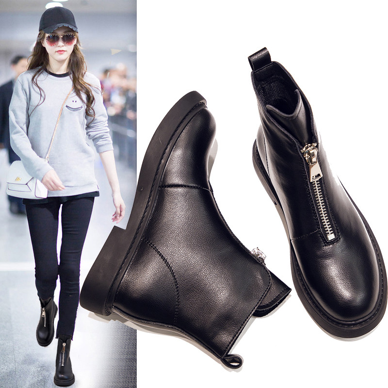 Genuine leather Martin boots female Inn Wind 2023 new autumn and winter warm plus suede short boot female interior heightening front zipped Chaubou boots-Taobao