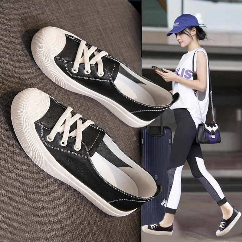 Genuine leather small white shoes 2023 red women shoes exploits summer 100 hitch flat bottom one foot pedal shallow mouth shoes spring autumn single shoes-Taobao