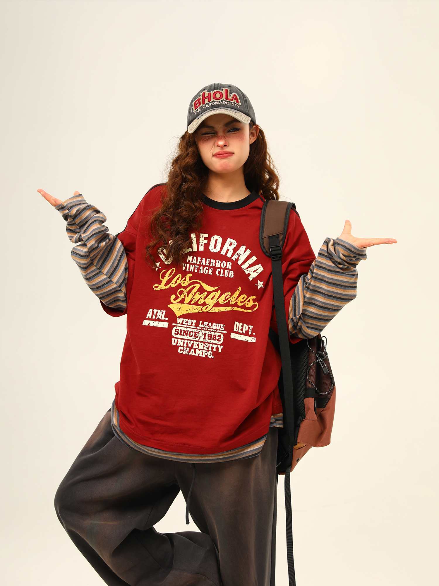 Wild Azi American Style Patchwork Color-Block Lässiger, lockerer Druck Zweiteiliges Langarm-T-Shirt mit Rundhalsausschnitt für Damen_voghion.com