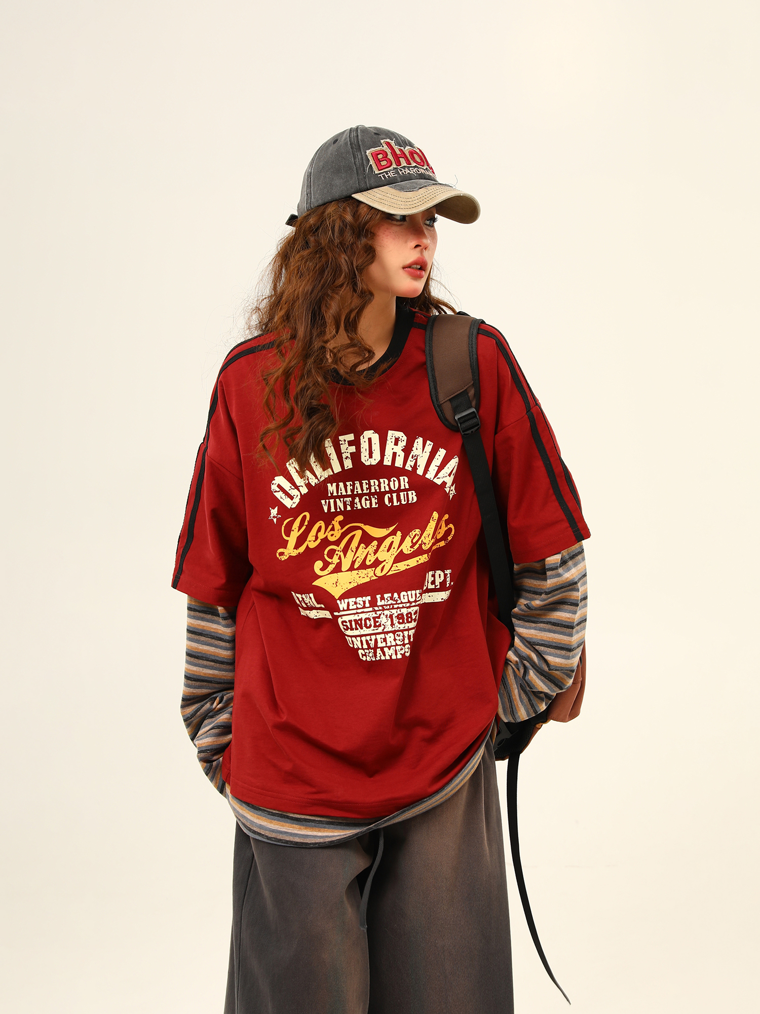 Wild Azi American Style Patchwork Color-Block Lässiger, lockerer Druck Zweiteiliges Langarm-T-Shirt mit Rundhalsausschnitt für Damen_voghion.com