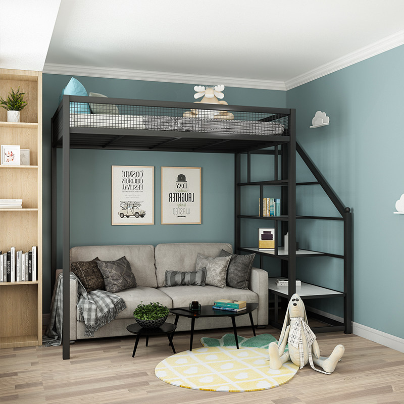 Nordic wrought iron stand upper level small loft space multifunctional up and down bed modern simple double bed