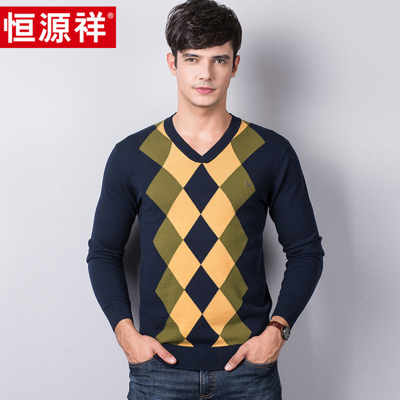 Hengyuanxiang men's sweater autumn and winter diamond Korean jacquard V-neck pullover fashion casual knitted sweater