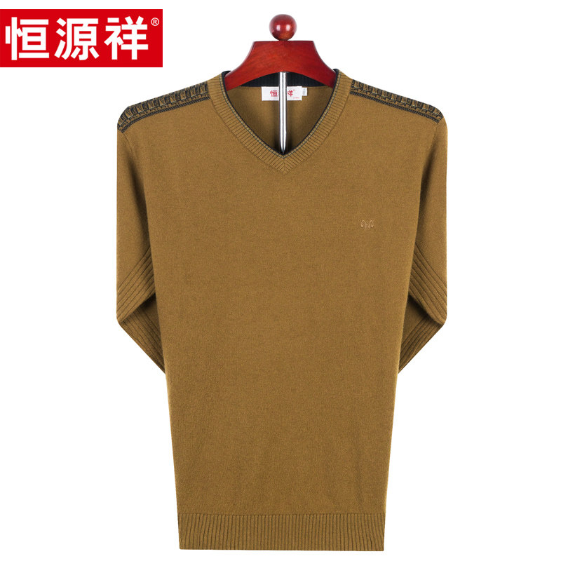 Hengyuanxiang 100 pure wool sweater men's autumn and winter round neck solid color middle-aged V-neck pullover casual knitted sweater