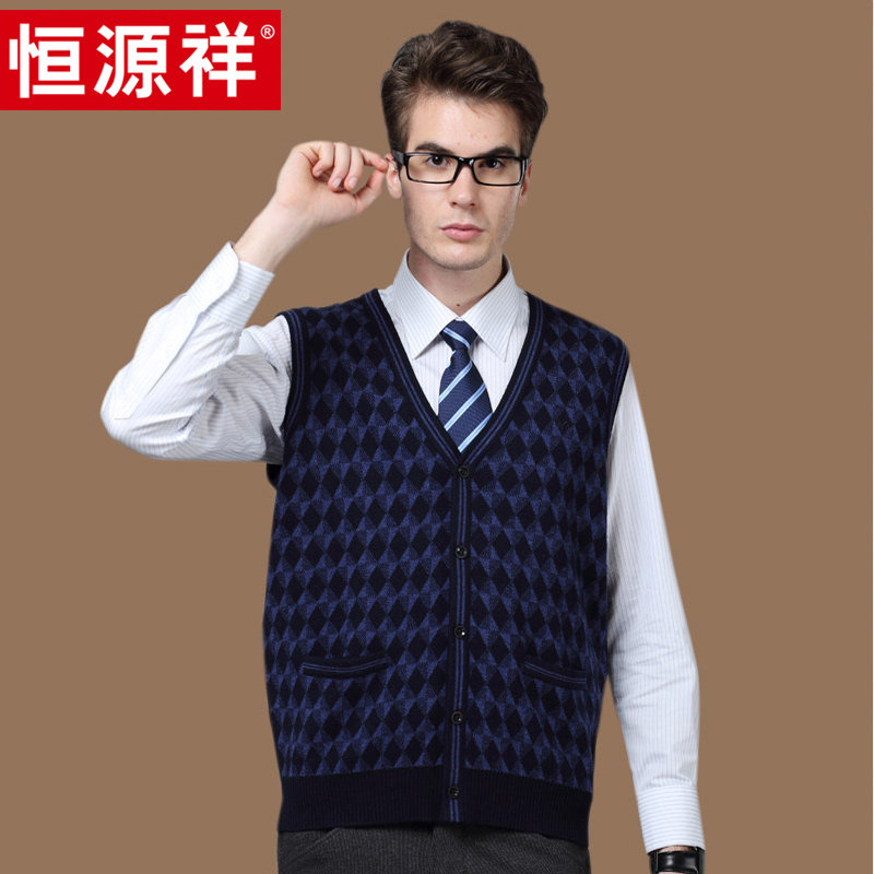 Hengyuanxiang wool vest men's autumn thickening middle-aged and elderly sleeveless vest sweater cardigan V-neck vest vest men