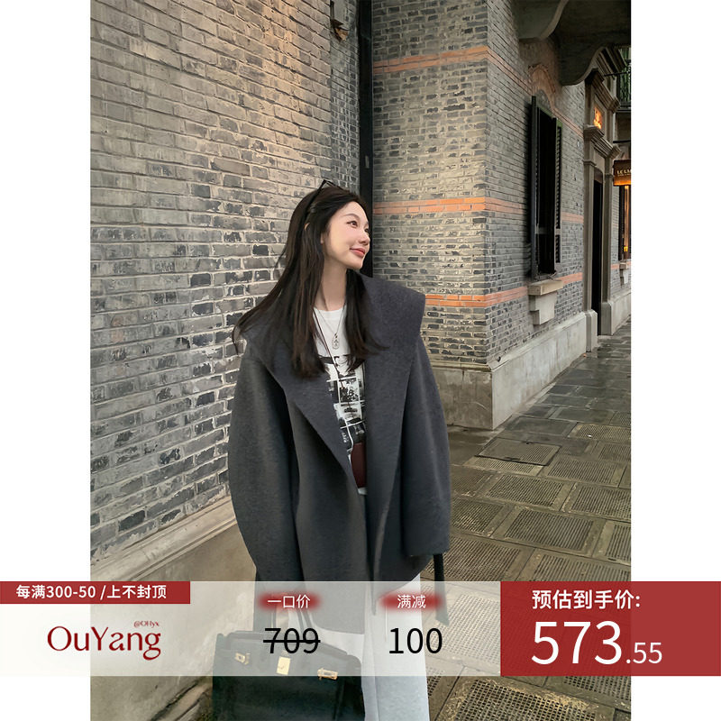 Двустороннее шерстяное пальто из натуральной шерсти Ouyang, женское зимнее маленькое короткое шерстяное свободное шерстяное пальто с капюшоном Изображение 1
