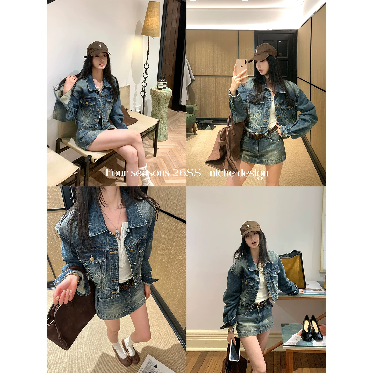 区区欧阳 'Fern excellent ratio' hot girl Bi enters!Washed blue short denim jacket suit