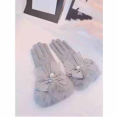 Gloves women's winter cashmere real rabbit hair Korean version of cute cycling plus velvet thickened warm student touch screen wool gloves