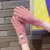 Wool gloves female winter plus velvet thickened Korean cute rabbit warm outdoor riding students touch screen driving thin cashmere