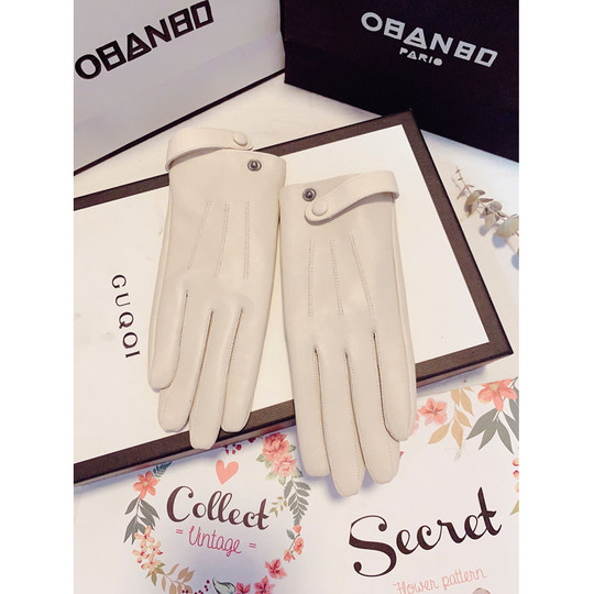 Sheepskin gloves for women, winter, Korean version, cute, velvet, thickened, cold-proof, warm, short, motorcycle, touch screen, thin genuine leather