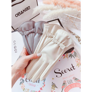 Sheepskin Gloves for Women, Winter Touchscreen Gloves, Autumn and Winter Korean Style, Cute Bowknot, Fleece-Lined, Warm, Cold-Proof, Driving, Motorcycle, Genuine Leather