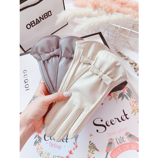 Sheepskin Gloves for Women, Winter Touchscreen Gloves, Autumn and Winter Korean Style, Cute Bowknot, Fleece-Lined, Warm, Cold-Proof, Driving, Motorcycle, Genuine Leather