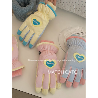 Cute Color Ski Gloves for Women, Winter Thickened Fleece, Warm and Windproof, Touchscreen-Compatible, Non-Slip, Water-Resistant, Suitable for Students Riding Electric Bikes