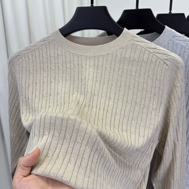 High-End Tencel Linen Knit Sweater for Men, Autumn Round Neck Long-Sleeve Cable Knit Loose Casual Commuter Base Layer
