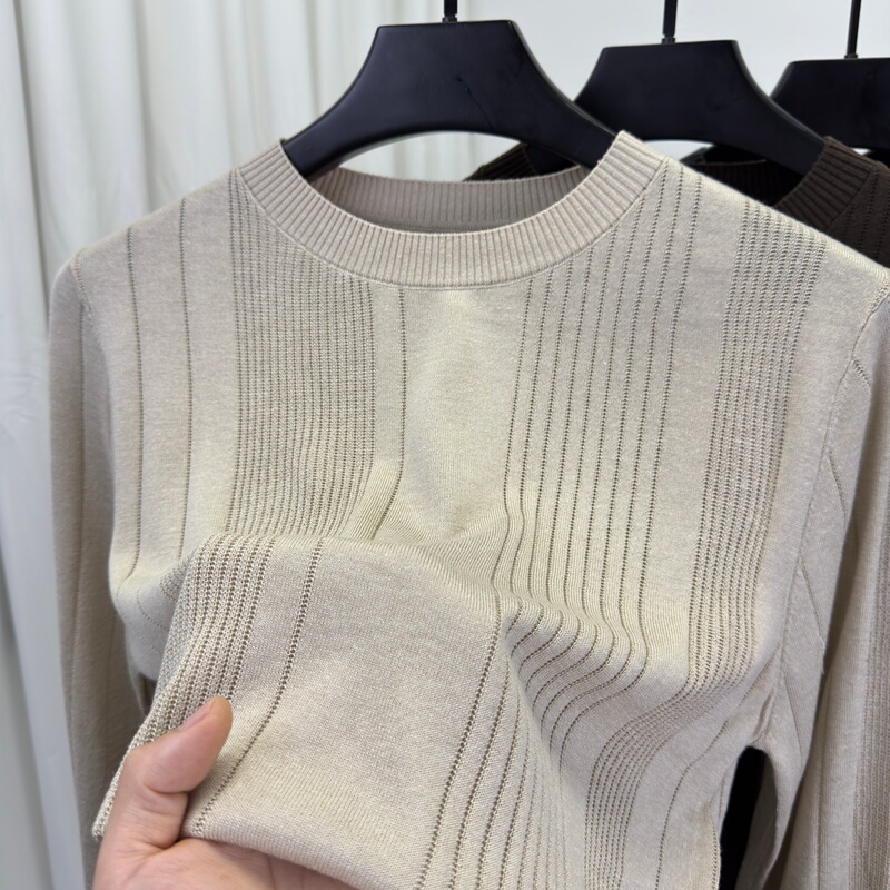 Delicate Vertical Striped Knit Sweater for Men, Autumn Round Neck Long-Sleeve Sweater with Drapey Feel, Tencel Linen Men's Knitwear Base Layer