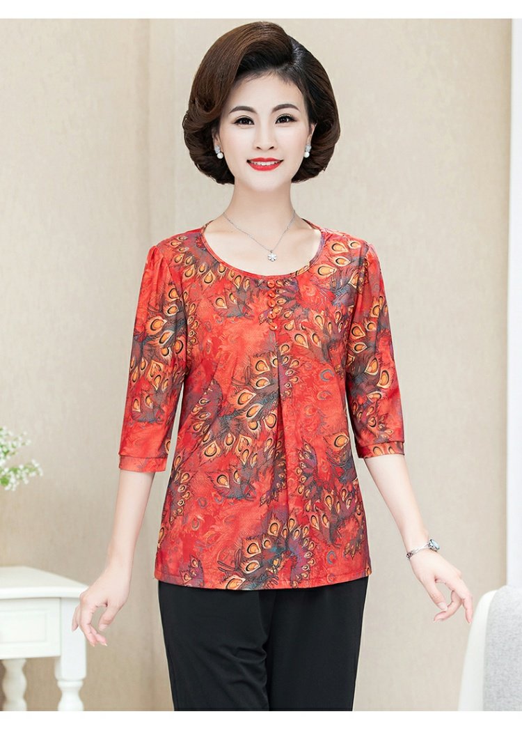 Mùa hè mẹ trung niên thời trang nữ 7 điểm tay áo in áo thun size lớn ngắn cổ tròn trung niên áo sơ mi nhỏ - Cộng với kích thước quần áo áo kiểu nữ đẹp tuổi 40