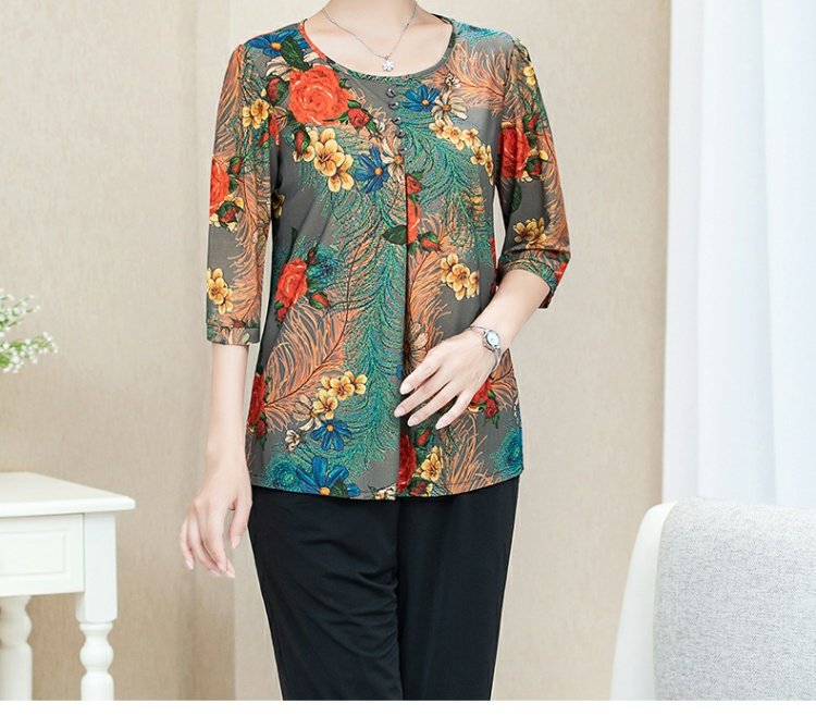 Mùa hè mẹ trung niên thời trang nữ 7 điểm tay áo in áo thun size lớn ngắn cổ tròn trung niên áo sơ mi nhỏ - Cộng với kích thước quần áo áo kiểu nữ đẹp tuổi 40