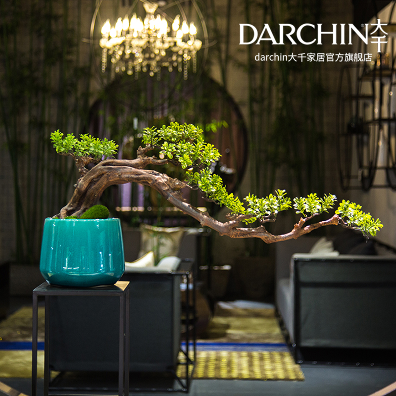 Simulation welcome pine plant bonsai Indoor new Chinese Zen home living room soft decoration fake green plant decoration