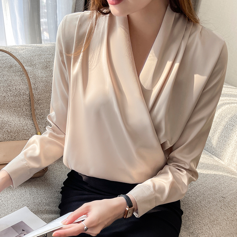 Women's Long-Sleeve Shirt 2025 Spring and Autumn New Design Chiffon Satin V-Neck French-Style Top Elegant Professional Blouse