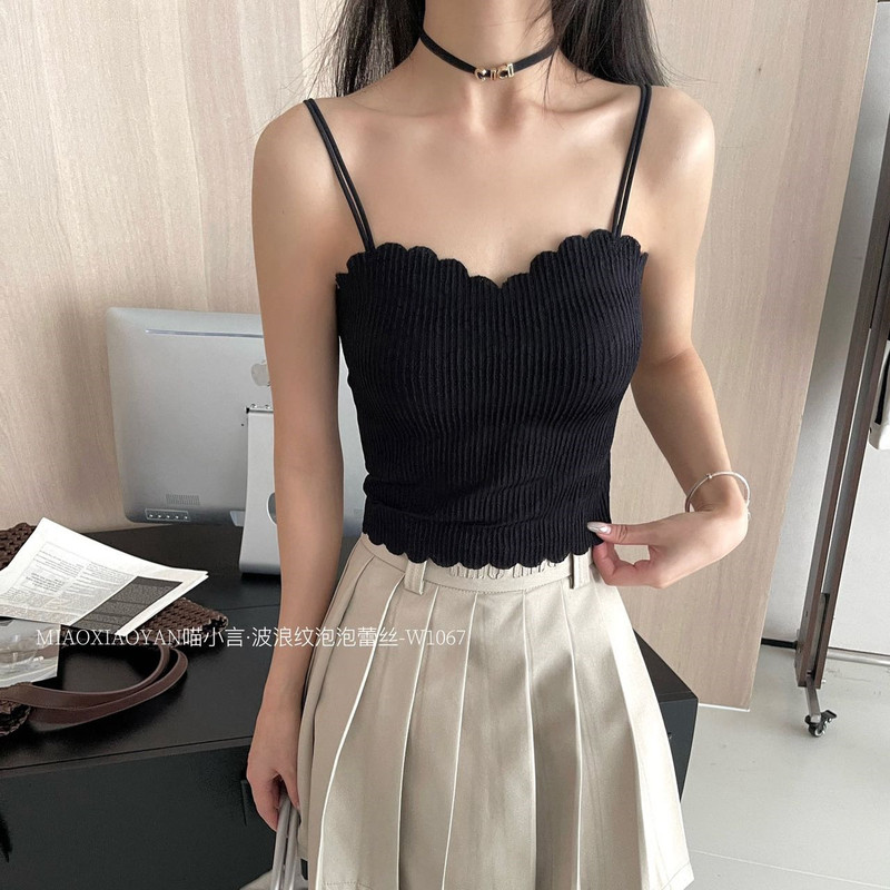 Meow Xiaoyan Wavy Pattern Bubble Lace W1067 Young Girl's Sexy Double-Strap Refreshing Thin Summer Backless Tank Top
