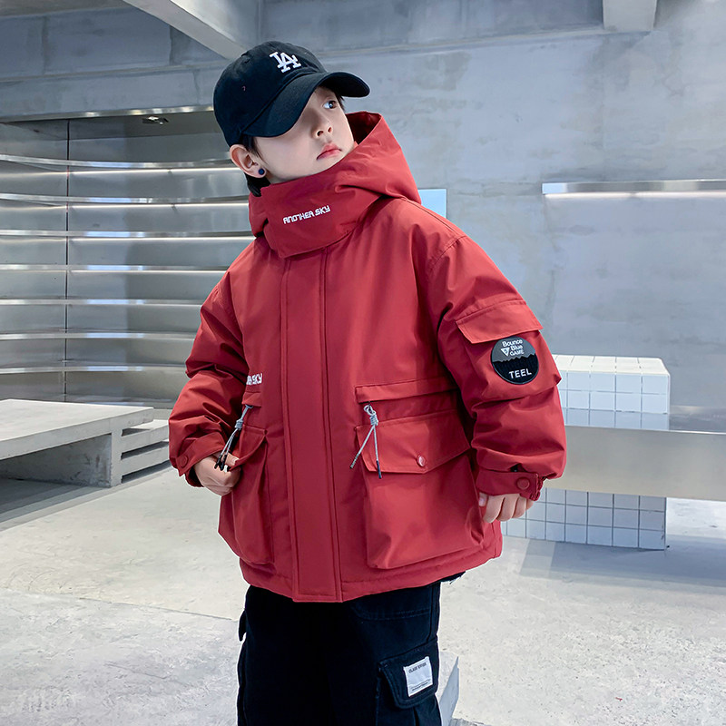 Boy's winter red thickened overalls overalls overalls 2023 new CUHK children's winter clothing three anti-coats-Taobao