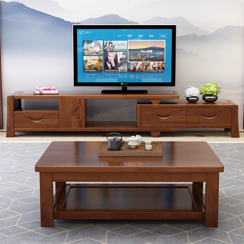 Small apartment Chinese solid wood TV cabinet coffee table combination modern minimalist living room household retractable floor cabinet low cabinet