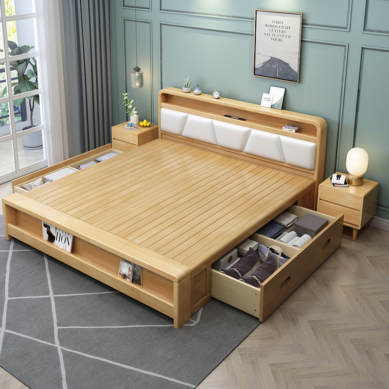 Nordic solid wood high box storage bed 1 8 m double soft bed bed 1 5m bedroom modern simple pneumatic bed