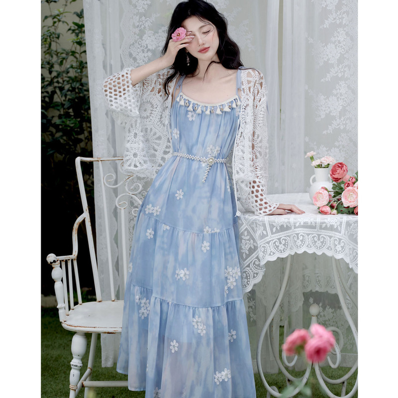 Blue Dress for Women for Summer Vacation at the Beach, Embroidered Tassel Strap Dress, Hollow-Out Cardigan, Stunning Long Dress