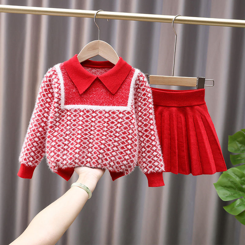 Girls spring and autumn sweater dress 2022 new western style little girl Korean version knitted cardigan two-piece suit